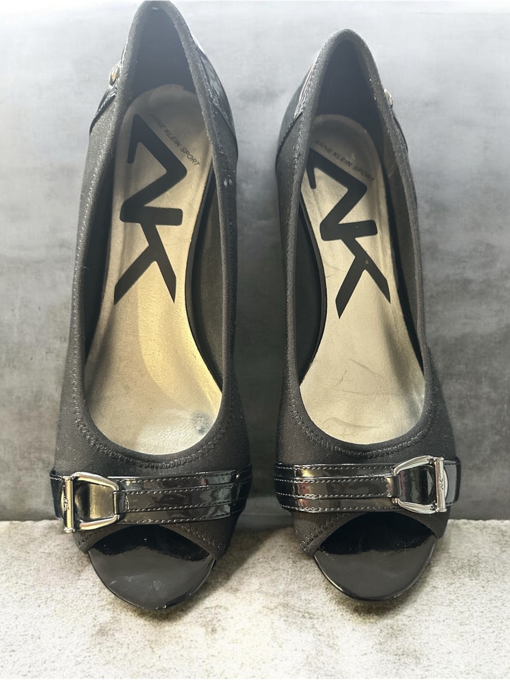 Anne Klein sport Black Peep-Toe Heels with Silver Buckle Detail